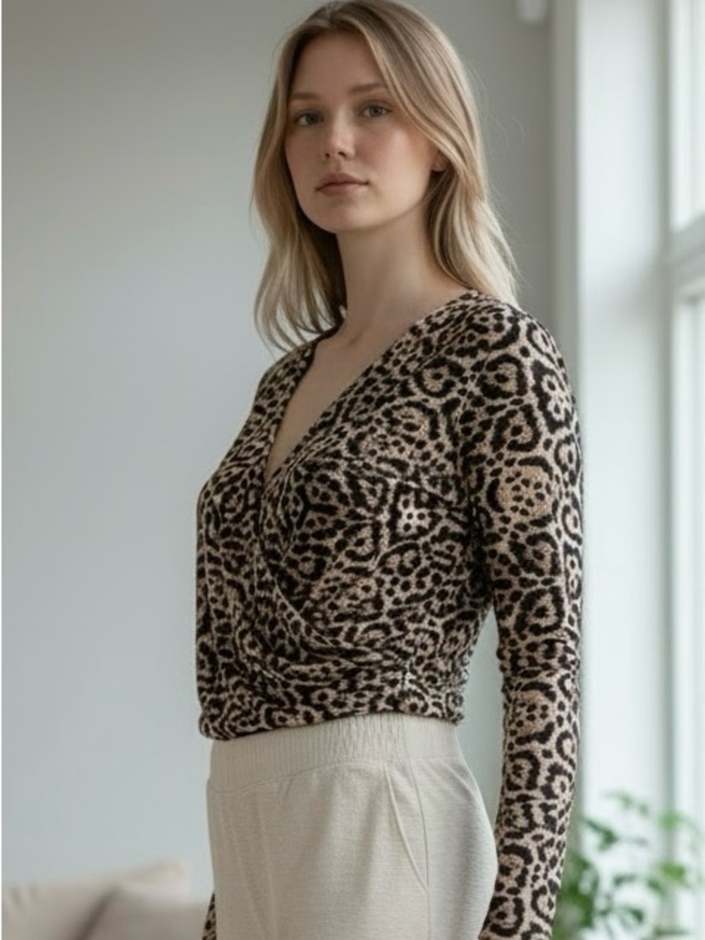 Leopard Print Wrap-Front Long Sleeve Top - Beige/Black